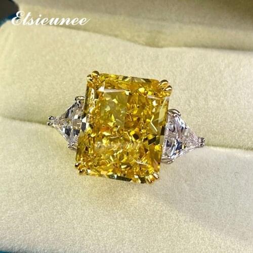 ELSIEUNEE 100% 925 Sterling Silver Yellow Citrine Simulated Moissanite Gemstone Engagement Ring Wedding Band Fine Jewelry Gifts