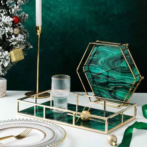 European style light luxury glass tray Tea set storage tray Gold plated iron art of home dining table decoration plate