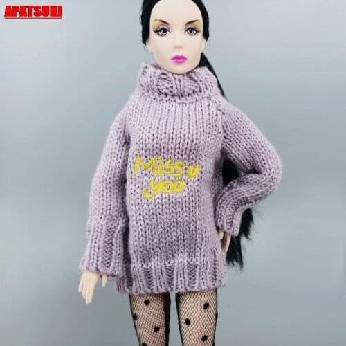 Purple Letter Cartoon Pullover Tops Sweater for Barbie Doll Outfits Winter Warm Long Sleeve Clothes Dollhouse Accessories Kids
