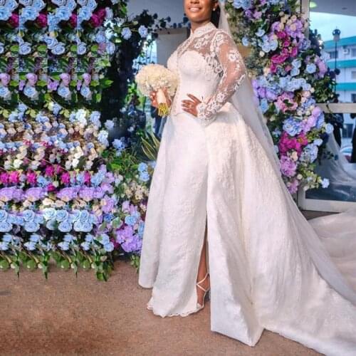Luxury African Nigeria Mermaid Wedding Dresses With Detachable Train High Neck Lace Long Sleeve Castle Wedding Gowns Plus Si