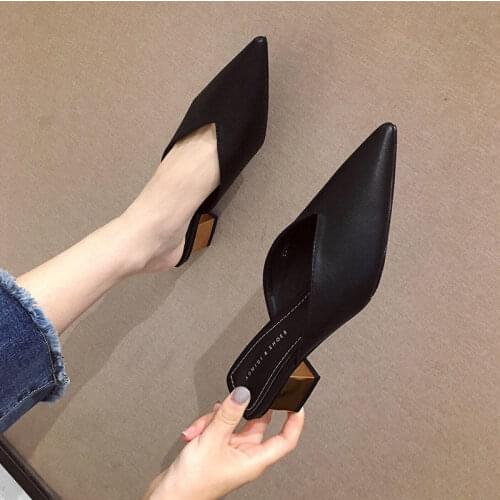 Mid-heel Muller Shoes Electroplated Thick-heel Baotou Half Slippers Womens Thin Temperament Sandals All-match Lady Women Shoes