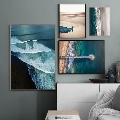 Nature Landscape Pictures Aerial View Blue Ocean Waves Canvas Painting Pier Print Desert Wall Art Nordic Decoration Poster