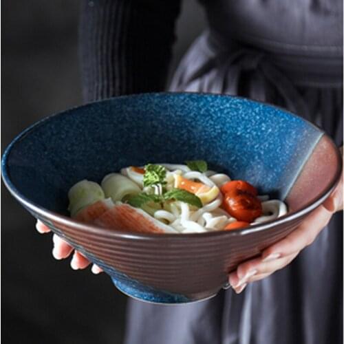 FANCITY Tableware Ceramic Noodle Bowl Household Large Retro Hat Bowl Ramen Bowl Noodle House Special Earth Pottery Bowl
