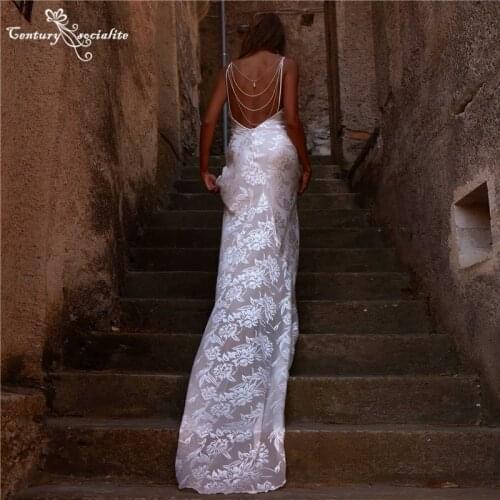 Lace Boho Wedding Dresses for Women Mermaid Bride Dress Spaghetti Straps Backless Beaded Bohemian Bridal Gowns Vestido De Noiva