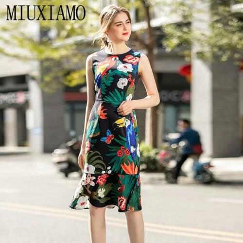 MIUXIMAO 2020 High Quality Summer Cute Style Parrot Flowers Colourful Print Elegant Slim Fishtail Long Dress Women vestidos