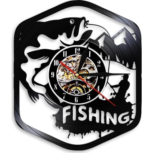 Fishing Wall Art Vinyl Record Clock Angling Fish Hook Fisherman Home Decor Wall Watch Modern Design Sports Hobby Quartz Clocks