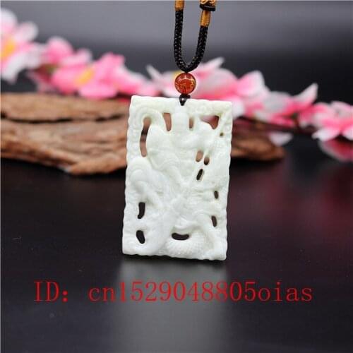 Natural White Chinese Jade Guangong Pendant Dragon Necklace Charm Jewellery Double-sided Hollow Carved Amulet Gifts for Men Her