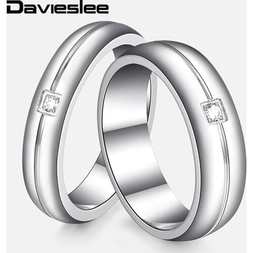 Wedding Band Rings for Couples Stainless Steel Iced Out CZ Lovers Engagement Ring Silver Color Groove Women Jewelry 4/6mm LKRM48
