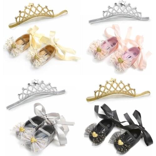2Pcs Princess Crib Shoes Headband Newborn Baby Girl Bow Knot Anti-slip Crib Shoes+Headband Cute Infant Baby Girl shoes 0-18M