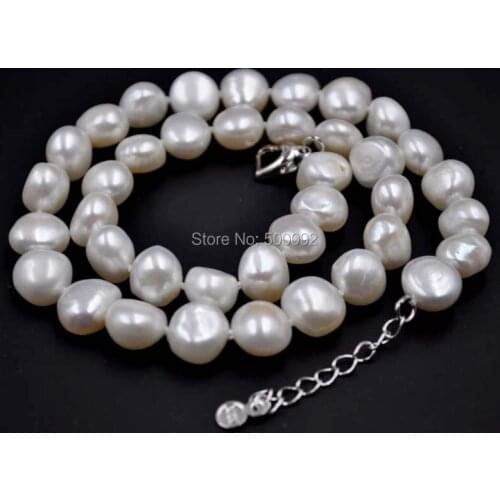 Natural 11-12mm white cultured Baroque pearl necklace free shipping