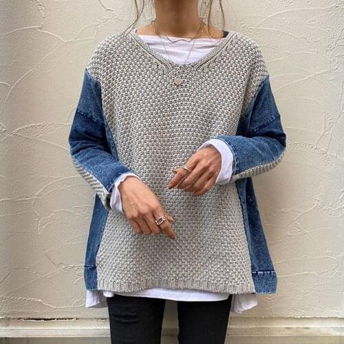 Casual Women Patchwork Sweater Tops 2020 Fashion Japan Korean Style Straight Knitted Denim Jumper Sweater New Loose Pullovers