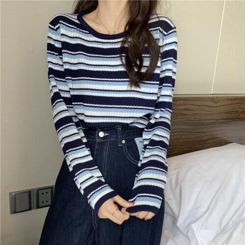 Spring Autumn Pullover Womens Sweater Long Sleeve O Neck Loose Black Striped Knitted Sweaters Vintage Ladies Tops Pull Femme