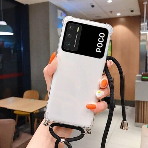 Luxury Silicone Case For Xiaomi Mi Poco M3 F3 5G X3 Shockproof Silicone Soft Transparent Clear Strap Lanyard Case For poco x3
