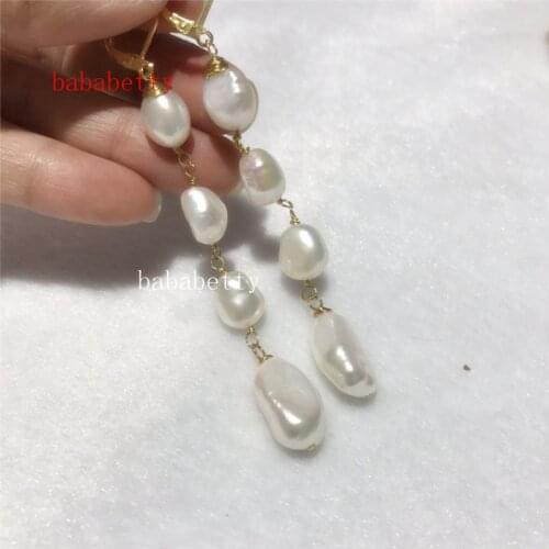 Fashion contracted New Natural Freshwater white Irregular baroque Pearl 9-12MM Handmade Swing Earrings
