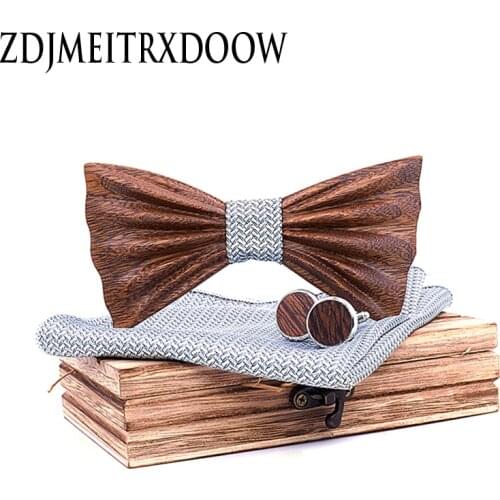 T247 Wooden Bow Tie Set Cufflinks Handkerchief Bowtie Men Necktie Black Walnut Homme Papillon Corbatas Pajarita for Mens Wedding
