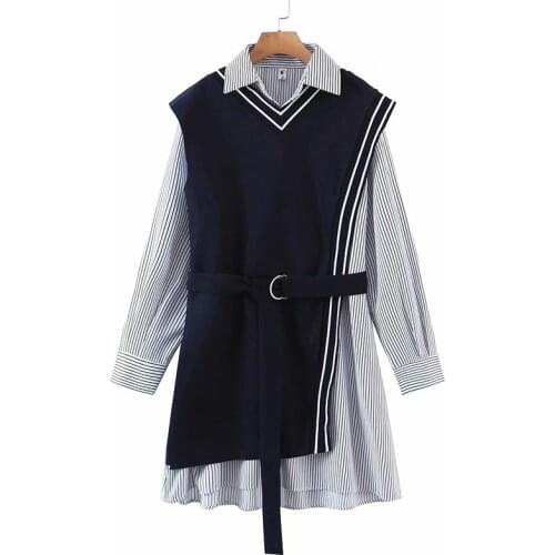 Vintage Two Piece Dress Women Striped Shirt Dresses With Belt Long Sleeve Casual Female Vestiods Patchwork Dress