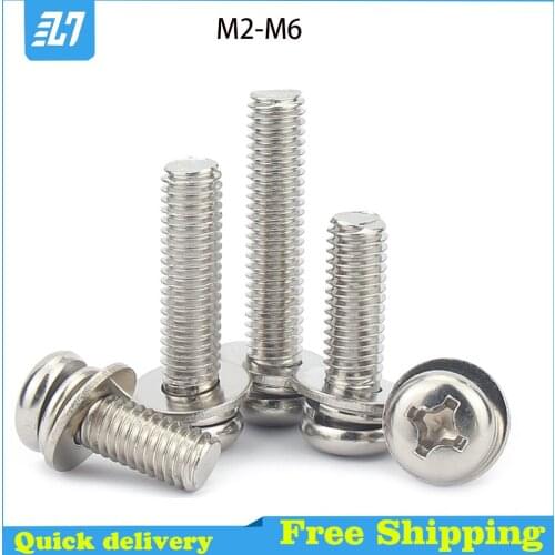 Phillips Pan Head Machine Screw Metric Thread Flat Spring Washer Bolt Complete Set M2 M2.5 M3 M4 M5 M6