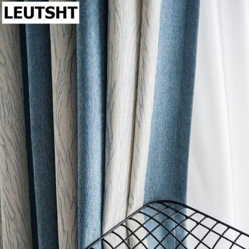 Mediterranean Modern Minimalist Style Blue Vertical Chenille Jacquard Blackout Curtains for Bedroom Living Room Curtains