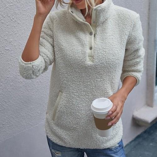 Women Fleece Sweatshirt Winter Casual Faux Fur Plush Collar Female Hoodies Warm Turtleneck Thick Tops Pockets Pullover