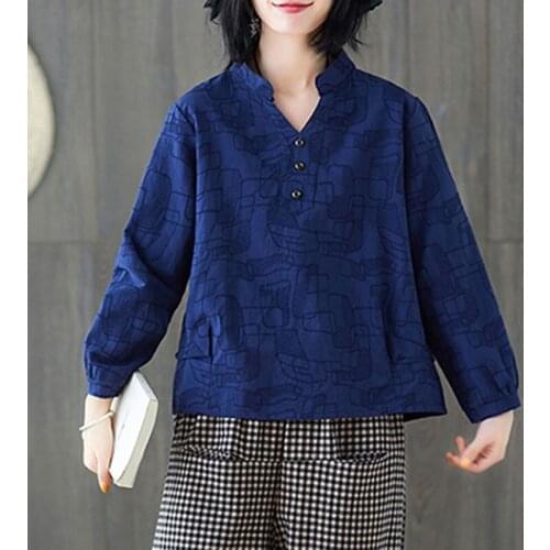 Women Vintage Cotton Linen Casual T-shirt New 2021 Spring Simple Style V-neck All-match Loose Female Long Sleeve Tops Tees S2949