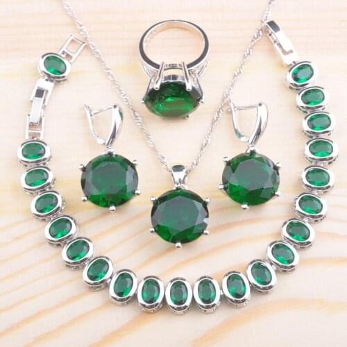 Russian Style Green Crystal Silver Color Jewelry Sets For Women Wedding Bracelet Necklace Pendant Earrings Ring QS0109