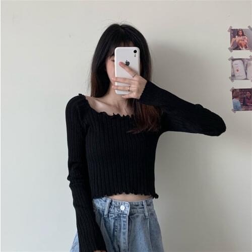 Woman Sweaters Pullover Womens Square Collar High Waist Top White Long Sleeve T-shirt Womens Knitted Femme Chandails