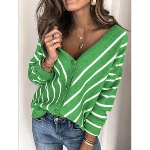 V-neck womens sweater 2020 autumn new knitted striped womens top loose casual solid color long-sleeved single-breasted sweater