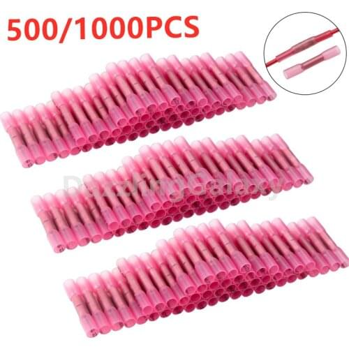 1000/500PCS 22-16 AWG Electrical Heat Shrink Butt Crimp Terminals Red Waterproof Fully Insulated Seal Wire Connectors Assortment