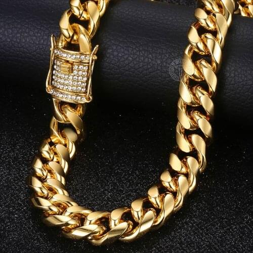 14mm Necklace for Men Boy Miami Curb Cuban Link Chain Gold Color Paved Cubic Zirconia CZ Necklace Jewelry 28-30" DGN481