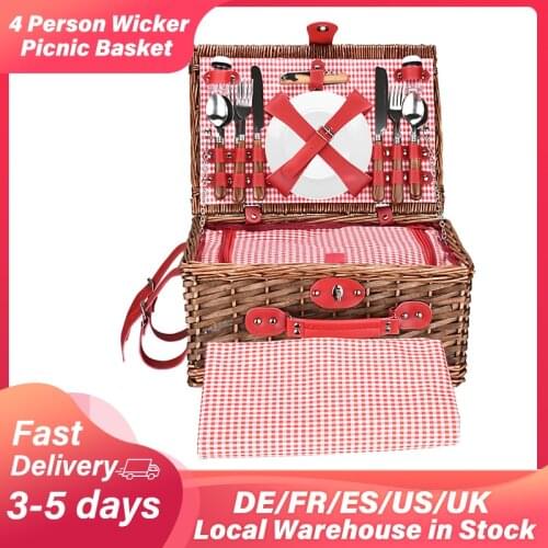 24PCS Picnic Basket Set Handmade Wicker Picnic Basket for 4 Person with Waterproof Picnic Blanket Cutlery Corkscrew