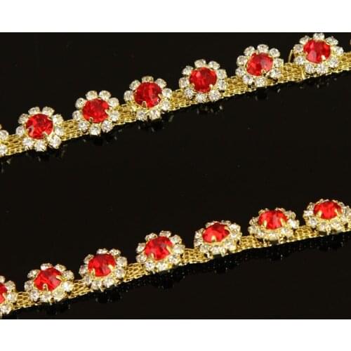 5Yards Red Rhinestone Trim Diamond Chain Fabric Sew On Appliques For Bridal Dress