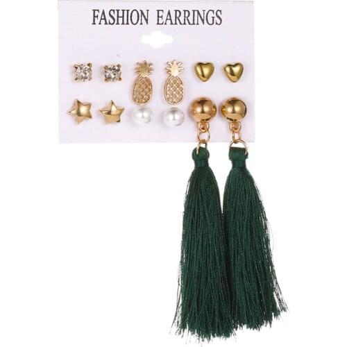 6 Pairs Fashion Tassel Long Earrings Simple Love Star Pineapple Pearl Ear Studs for Women Charm Jewelry Gift Set