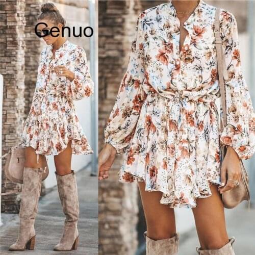 White Ruffled Mini Vintage Print Irregular Dress Autumn Clothing Lantern Sleeve Elegant Chiffon Dress Lace Up Slim Streetwear