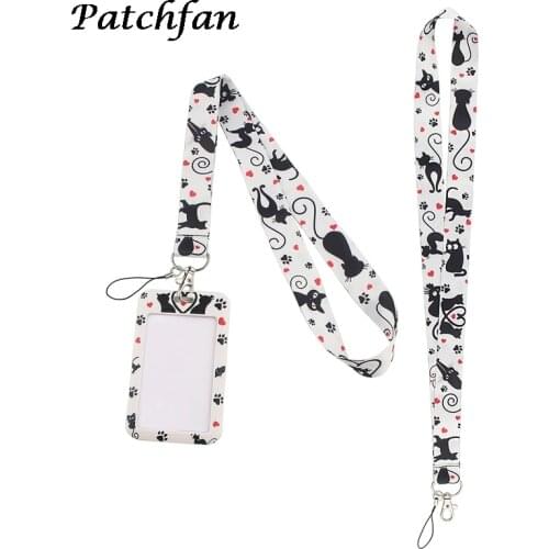 AD253 Patchfan Cartoon Black Cat Lanyard Keychain key Badge ID Mobile Phone Rope Cute Gifts Lanyard With Card Holder