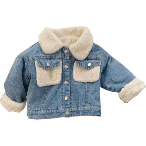 Children Plush Thick Denim Winter Jacket Girl Denim Kids Wool Coat Baby Boys Outwear Vest Waistcoat
