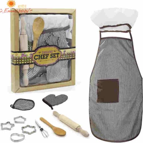 Hot Sale New 2020 Kid 's Kitchen Toys 11 Pieces Apron Set Cute Apron with Chef Hat Baking Mould Kitchen Ware for Kids Girls Boys