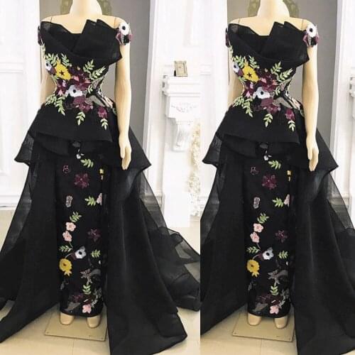 SuperKimJo Abiye Gece Elbisesi Black Modest Evening Dresses Long Detachable Skirt Elegant Embrodiery Applique Evening Gown