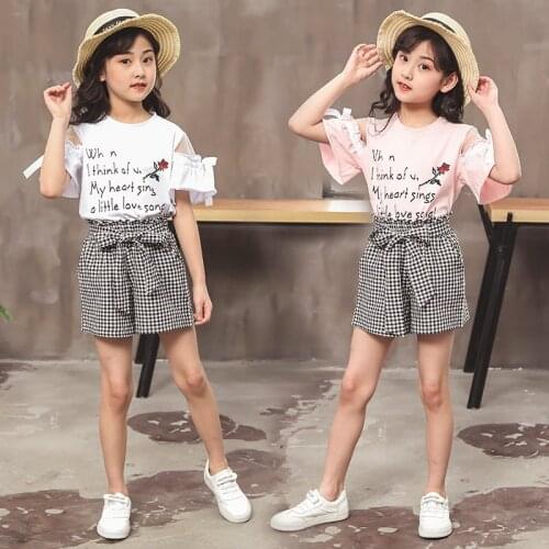 Fashion Teenage Girls Baby Clothing Summer Kids White Pink Letter Rose T shirt + Plaid Shorts Child Clothing Set 4- 13 Years Old