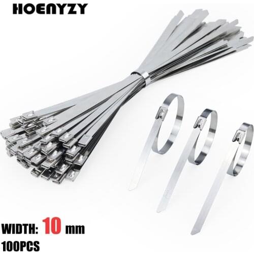 100Pcs 304 Stainless Steel Cable Ties Width 10mm Heavy Duty Self-Locking Multi-Purpose Metal Exhaust Wrap 200/300/500/400mm