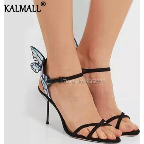 KALMALL Dream Laser Color Angle Wings Criss Cross Strap Black Summer Shoes Wedding Dress Stiletto High Heels Butterfly Sandals