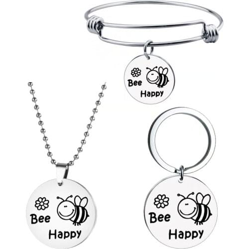 Creative Letters Key Chain for Men Women Happy Accessories Holiday Gifts Bee Jewelry Keychains Stainless Steel Necklace Pendant