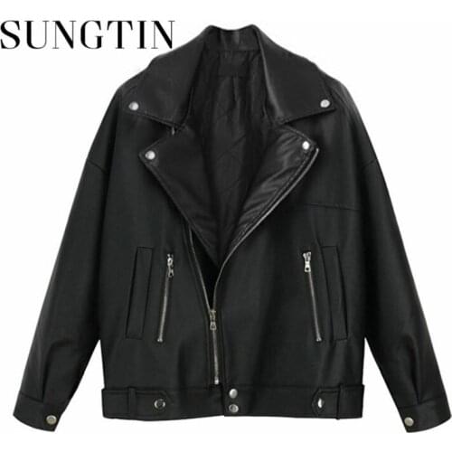 Sungtin Korean Black Lapel Pu Leather Jacket Women High Street Motorcycle Female Faux Leather Coat Fashion Zipper Biker Outwear