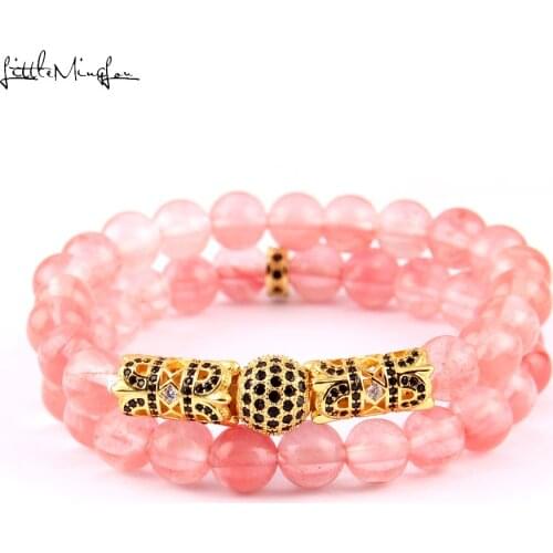 Little MingLou Natural Strawberry Quartz bead bracelet CZ Ball Titanium Steel crown charm bracelets & bangles for women jewelry