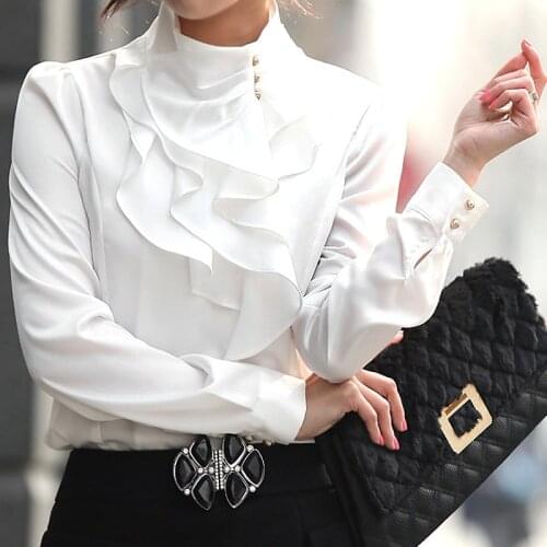 Fashion stand collar temperament office Formal elegant ruffles puff long sleeves female blouse