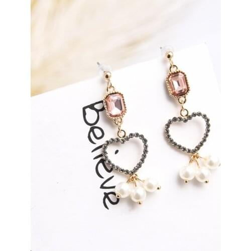Fashion Shiny Rhinestone Love Heart Simulated Pearl Pendant Drop Earrings for Women New Cute Korean Brincos Jewelry 6B2025