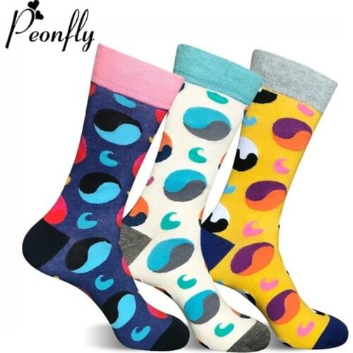 Peonfly 3 Fashion Color Happy Casual Round Dot Colorful Stitching Men Business Cotton Comfortable Skateboard Socks
