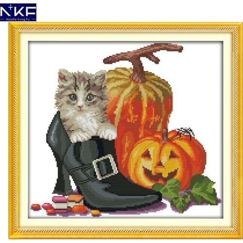 NKF Halloween Cat Cross Stitch Set Handmade Craft Needlework Cross-Stitch Embroidery Kit Cross Stitch for Home Decor