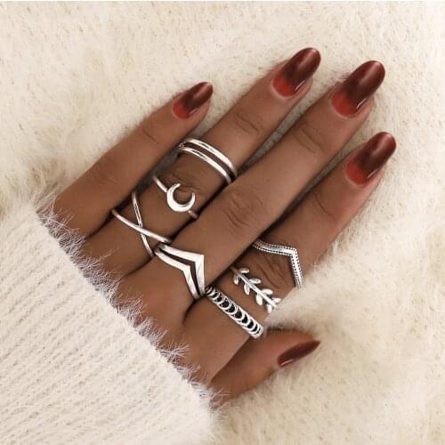 7 Pcs/set Vintage Women Olive Branch Rings Set Moon Cross Leaves Knuckle Finger Joint Ring Wedding Party Jewelry Accessories