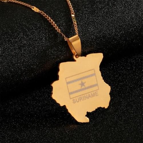 Stainless Steel Suriname Map Flag Necklaces Gold Color Sranan Charms Pendant Sarnam Charm Jewelry