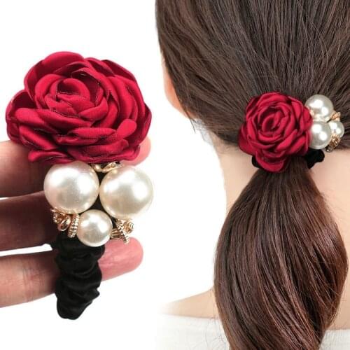 New Rose Pearls Elastic Hair Bands Big Flower Hair Rope Ties Women Rubber Bands Gum Headwear Fashion Hair Accessories